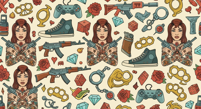 Edgy Seamless Pattern with Tattooed Woman Holding Guns, Urban Street Style Icons, Weapons, Roses, and Gaming Gear in Retro Comic Art Illustration