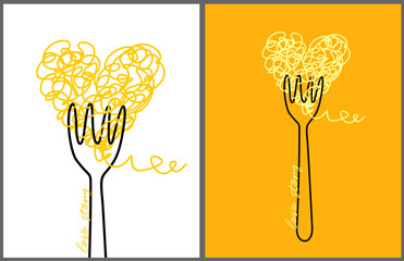 Italian Love Story. Funny Hand Drawn Print with Fork and Pasta. Fork with Spaghetti of Heart Shape Isolated on a White And Yellow Background. Infantile Style Print with Traditional Italian Food. 