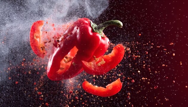 Whole Red Habanero Pepper Exploding into Slices on Balck Background Spicy Food Concept