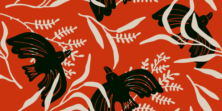 Seamless Pattern with Stylized Birds and Botanical Elements