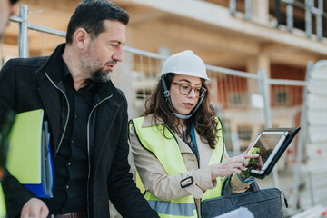 A female construction engineer in a hard hat and high-visibility vest reviews plans on a tablet. A colleague stands nearby as they discuss the construction site and project details. © qunica.com