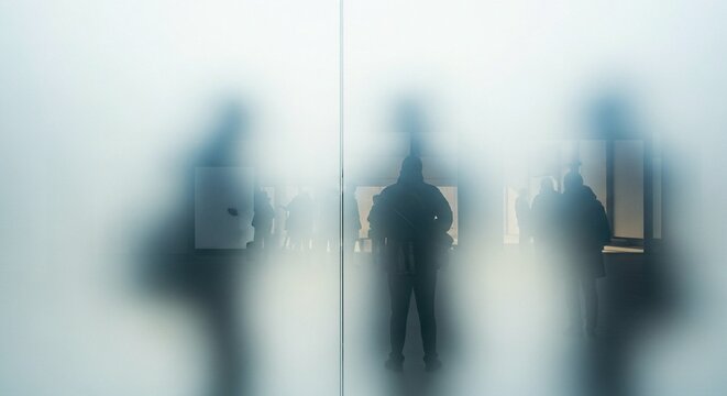 Blurred silhouettes of people standing in front of a glass wall with a reflective surface