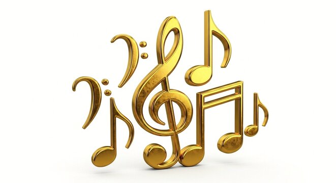 A collection of golden music notes on a white background
