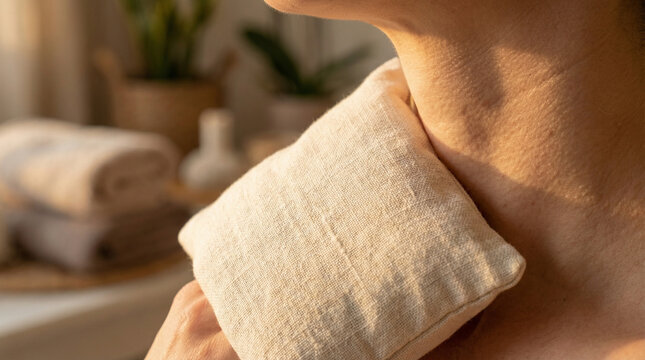 Woman using hot compress on neck while relaxing at home  