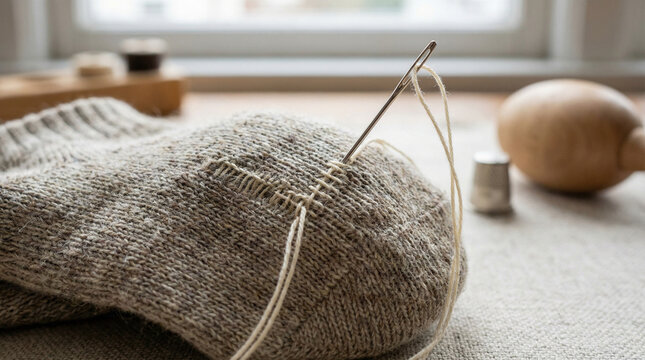 Woman darning socks with needle and thread in cozy indoor setting  