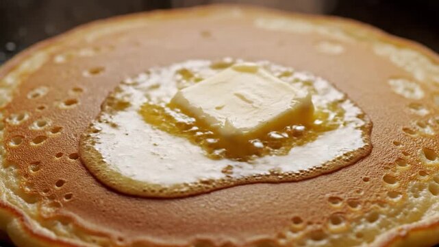 Close-up of a golden pancake with a melting pat of butter on top, creating a delicious breakfast scene.
