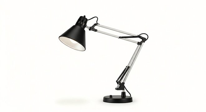 A modern adjustable desk lamp with a sleek black and silver design on a white background