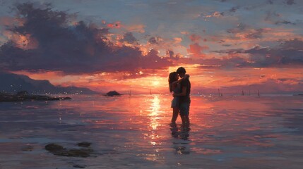 Fototapeta premium Sunset Embrace: A tender moment of love unfolds as a couple embraces in the tranquil waters, silhouetted against a breathtaking sunset that paints the sky with fiery hues.