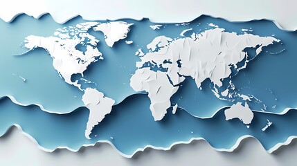 Obraz premium Stunning 3D paper cut world map rendered in layered shades of blue with wave-like ridges and ocean depth effect on a light background, representing global business and international expansion.