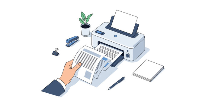 A hand is pulling a printed document from a white office printer on a clean white desk with office supplies.