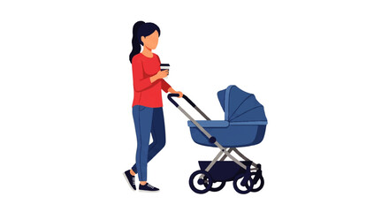 Obraz premium Vector flat design illustration of a young woman pushing a baby stroller while holding a coffee cup on a plain white background.