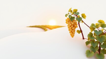 Fototapeta premium Grapes hang from vine, sun sets over rolling hills. Soft light creates peaceful scene, minimal colors dominate landscape.