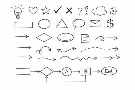 Simple hand-drawn doodle icons and flowchart elements collection
