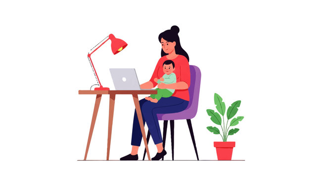 Vector flat design illustration of a multitasking woman working on a laptop while feeding a baby, sitting at a desk with a lamp and plant in a simple, colorful setting.