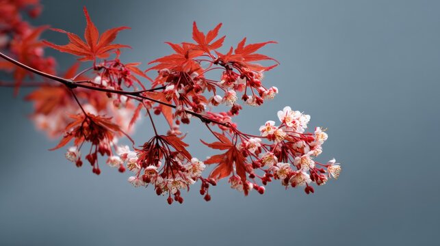 Delicate Red Maple Blossom on Soft Blue Background in Spring