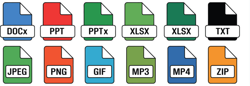 Document Icon Set, File Type Vector Illustration Including DOC, PDF, DOCX, PPT, PPTX, XLS, XLSX, TXT, CSV, ISO, RTF, HTML, JPEG, PNG, GIF, MP3, MP4, ZIP, RAR, EXE for Digital Files