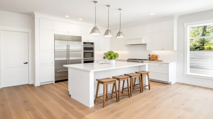 Fototapeta premium Modern white kitchen with island, wood stools, pendant lights, and large window, bright