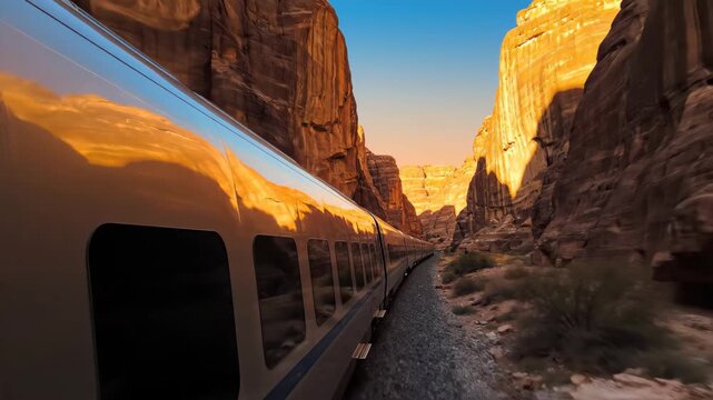 "Dream of the Desert" luxury train in AlUla, Saudi Arabia. These scenes capture the  "Neo-Nomad" travel trend, featuring mirrored rail technology, high-speed elegance.