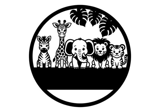 Safari animal split monogram vector, cute jungle animals circle frame for laser cutting, black and white nursery wall art template with name space