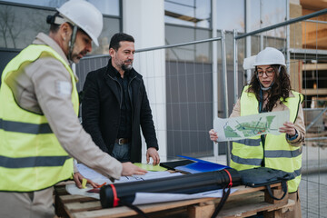Fototapeta premium Construction engineers in hard hats and high-visibility vests review blueprints and maps at a building site. A small team discusses plans and site layout beside fencing and construction materials.