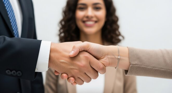 Aperto de m&atilde;o profissional ap&oacute;s entrevista de emprego bem-sucedida, conceito de contrata&ccedil;&atilde;o e parceria nos neg&oacute;cios.