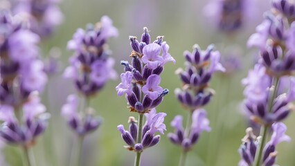 Obraz premium Close-up of vibrant purple lavender flowers blooming abundantly in a sun-drenched summer field, capturing the delicate beauty and serene essence of nature's fragrant charm