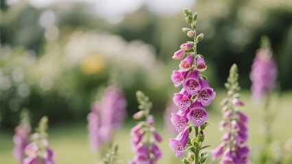Naklejka premium Beautiful pink foxglove flowers blooming in a sunlit garden with a soft focus background