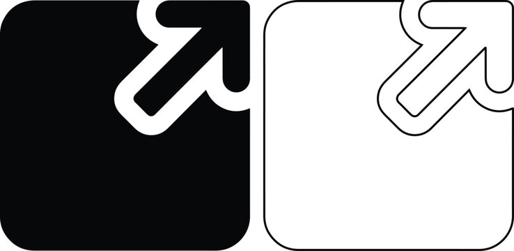 vector icon set featuring an external link arrow and square symbol for web navigation and export actions in solid black silhouette and linear outline styles.