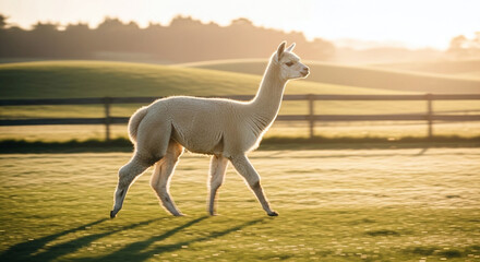 Naklejka premium White alpaca walking in a green field at sunrise