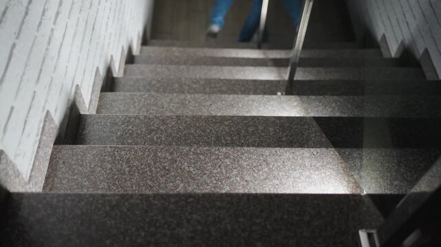 Person and Jack Russell Terrier Walking Down Stairs Together. Close-up of a person in jeans and a dog descending stone steps in a home. Concept of pet companionship, daily routine, home safety