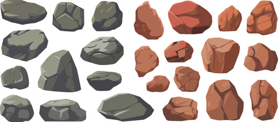 Rock stones collection set, various shapes natural geology elements brown gray vector illustration isolated design © MdSayed