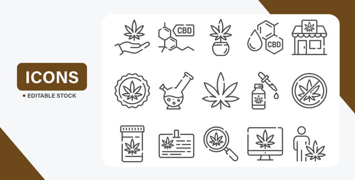 Cannabis related line icon set. Cannabidiol linear icons. Marijuanas outline vector signs and symbols collection.