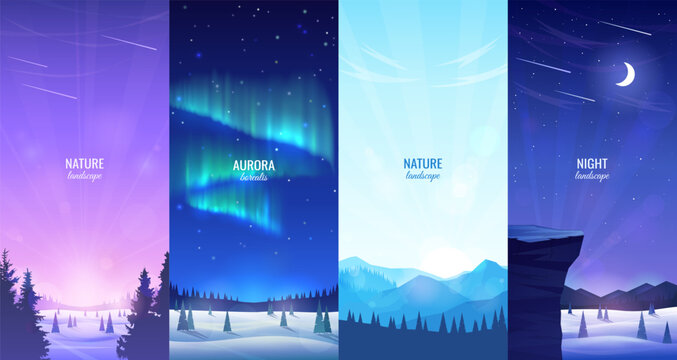 Set of vertical winter mountain landscape backgrounds. Snowy valley with aurora borealis, starry night sky and bright sunrise. Vector illustration.