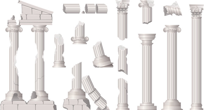 Ancient greek ruins and broken roman marble columns set vector