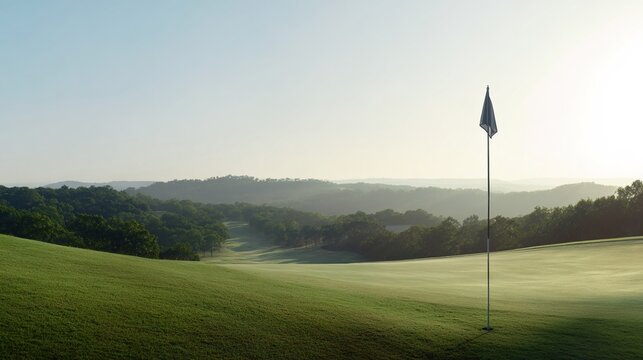fairway. A tranquil golf course with lush greenery and a single flag, enveloped in early morning mist. event key visuals, club posters, designed for fitness apps and gym onboarding.