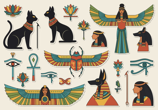 Ancient Egyptian Mythology Symbols and Deities Sticker Set - Bastet, Anubis, Eye of Horus, and Scarab Flat Vector Illustrations