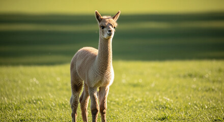 Naklejka premium light brown alpaca standing in green grassy field