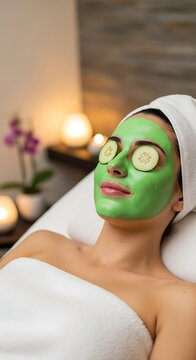Relaxing Spa Treatment - Woman with Facial Mask and Cucumber Slices.