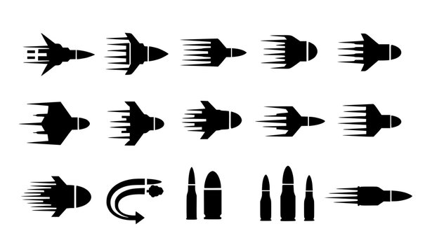 Bullet silhouettes with motion paths vector speed trajectory illustration set