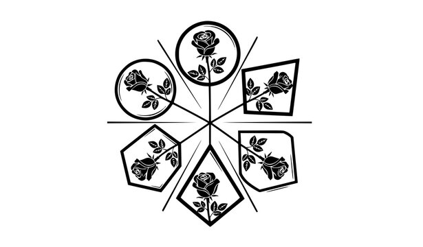 Elegant black rose silhouettes in geometric shape frames vector floral emblem set isolated on white