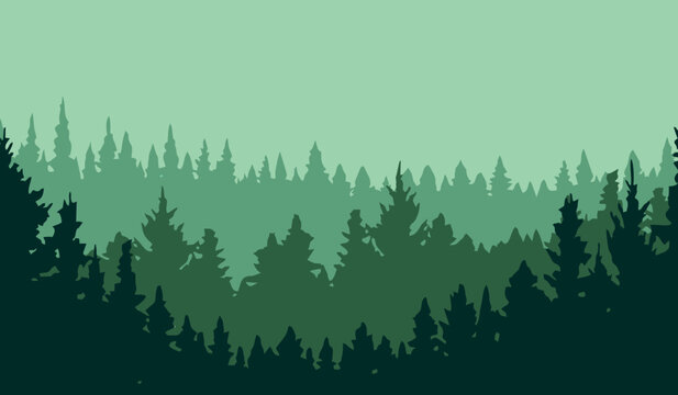 Green pine forest silhouette flat landscape