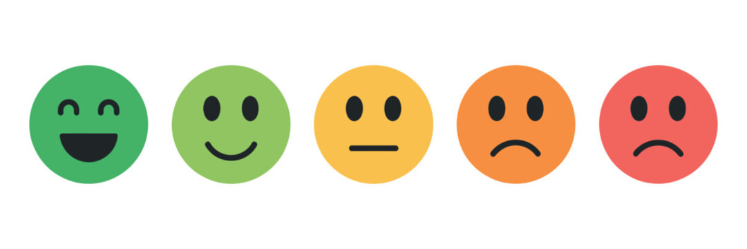 Feedback emoji faces vector colorful emotional scale from positive to negative expressions for rating systems surveys user experience feedback and interface elements