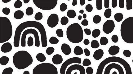 Fototapeta premium Bohemian-style, abstract organic splotches and simple arcs in a seamless pattern.