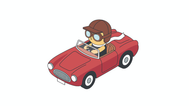 Cartoon character driving vintage red convertible car