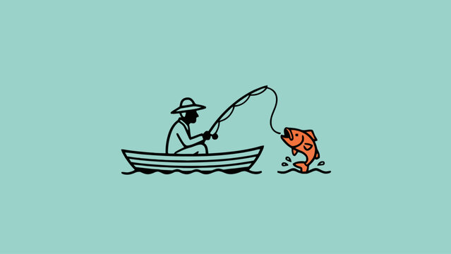 Fisherman Catching Fish in Small Boat Minimalist Illustration