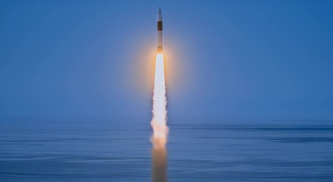 Rocket launch ascending into a blue sky with exhaust plumes