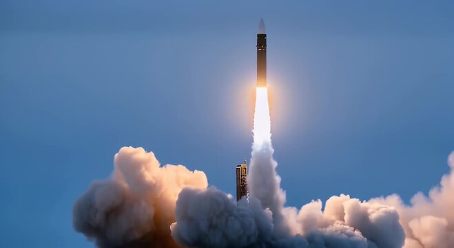Rocket launch ascending into a blue sky with smoke and flames