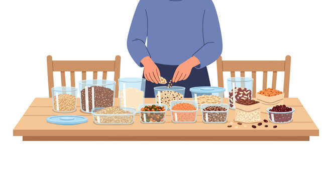 Assortment of various grains and seeds displayed on wooden table with person interacting