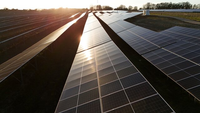 Sunset aerial view of solar panels near Ipswich UK with golden light glinting off photovoltaic cells at Tye near Ipswich