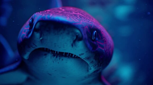 Cyberpunk Shark with Glowing Pink Circuitry Patterns Underwater